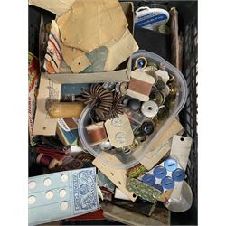 Quantity of sewing accessories to include buttons, cotton reels, Empisal Knitmaster wool winder, scissors, pins, sewing needles and other sewing aids in three boxes