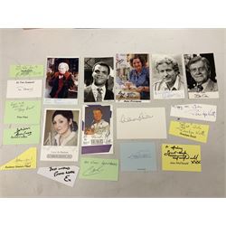 1949 England cricket team signatures including Hutton, Compton, Edrich, Laker etc on loose album page; and large quantity of other autographs of predominantly TV Soap Opera stars from Last of the Summer Wine, Eastenders, Emmerdale, Coronation Street, Heartbeat etc and other TV/Film personalities; on promotional photographs and clipped fragments of paper etc