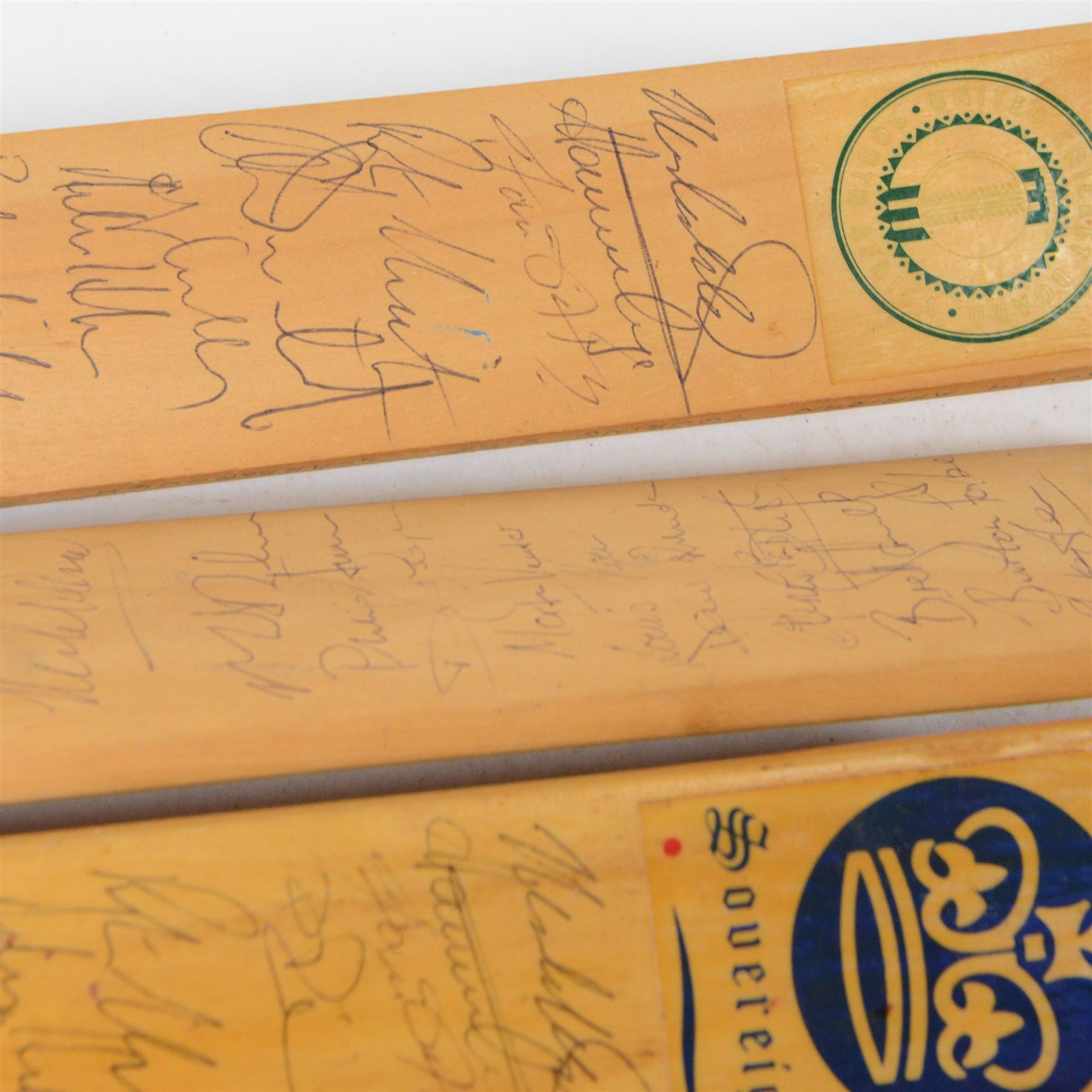 Signed International cricket memorabilia, comprising Alan Donald signed Kookaburra Commander cricket ball, wide brimmed hat signed by Darren Sammy and other West Indies players and a collection of signed miniature cricket bats, each with signatures of International cricket players including Brian Lara, Grant Flower, Richard Hadlee, Zimbabwe vs Rest of World 1993, South Africa vs Presidents VI 1994, Eastern Province South Africa 1992 and South Africa Touring Side Scarborough 1994