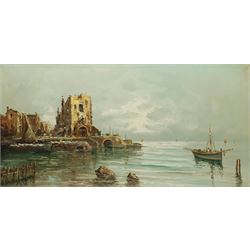Continental School (20th century): Seascape with Castle, oil on canvas indistinctly signed 60cm x 121cm