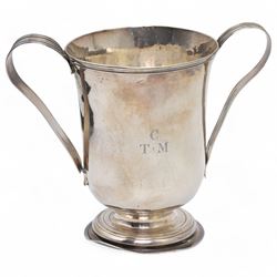 George III provincial silver two handled mug of baluster form engraved with initials, with reeded loop handles H14cm Newcastle 1799 Maker John Langlands II