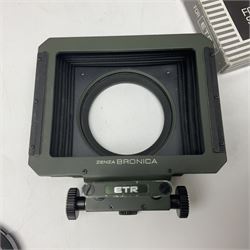 Zenza Bronica ETRS camera body, safari edition, serial no. 7100811, with 'Zenza Bronica Zenzanon EII 1:2.8 f=75mm' lens, serial no. 7908591, film magazine back, safari, serial no. 8100564, AE-ii metering head, safari, serial no. 617024, etc, all in leather case