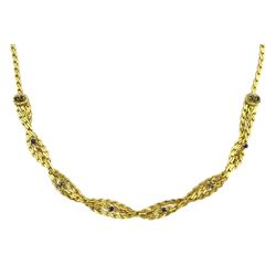 14ct gold three strand crossover necklace, set with ten round sapphires, suspending from single strand fancy link chain, stamped 585