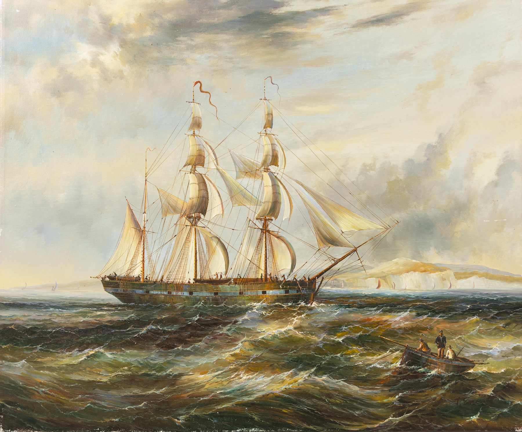 T Emerson (British 20th century): Sailboat on Choppy Seas - possibly Flamborough, oil on canvas faintly signed 51cm x 61cm (unframed)