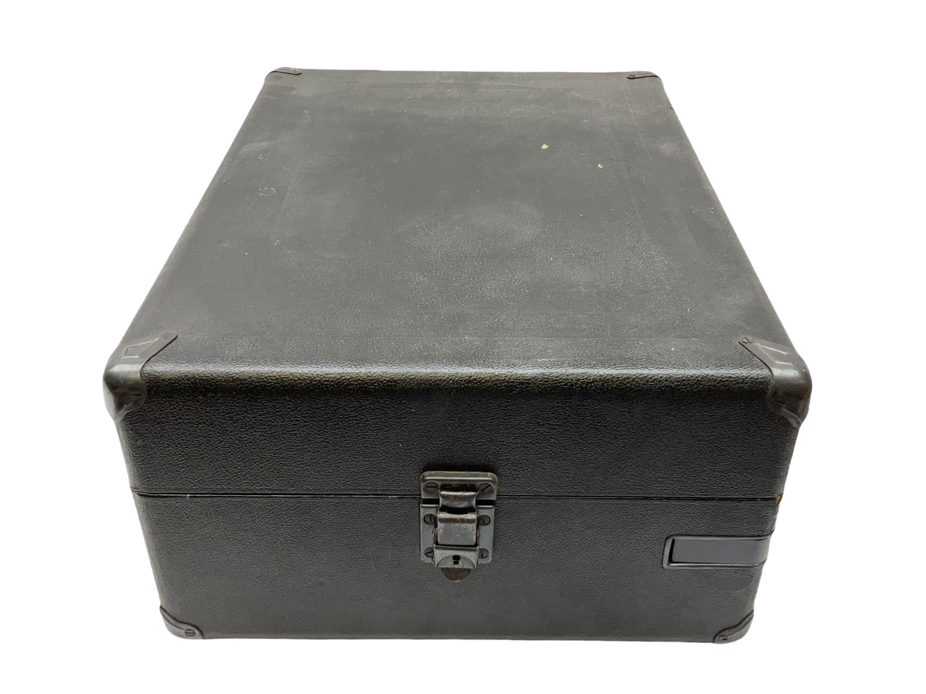 HMV portable wind up gramophone in a black case, together with a collection of records. 