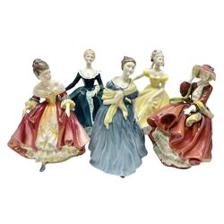 Five Royal Doulton figures, comprising Ninette HN2379, Adrienne HN2304, Top o the Hill HN1934, Janine HN2461, Southern Belle HN2229