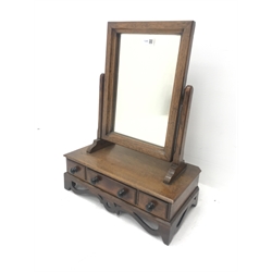 Early 20th century oak dressing table mirror, one long and two short drawers, W46cm, H62cm, D28cm, and a yew wood tray