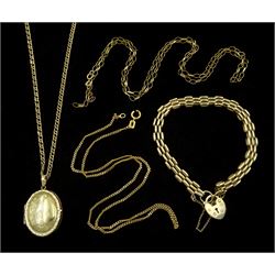 9ct gold jewellery including gate bracelet, locket pendant necklace and two chains, all hallmarked