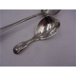 George III silver Old English pattern table spoon, with engraved initial to terminal, hallmarked Peter & Ann Bateman, London 1794, together with a George IV silver Fiddle pattern caddy spoon, with palmette finial, hallmarked George Knight, London 1823, L8.2cm