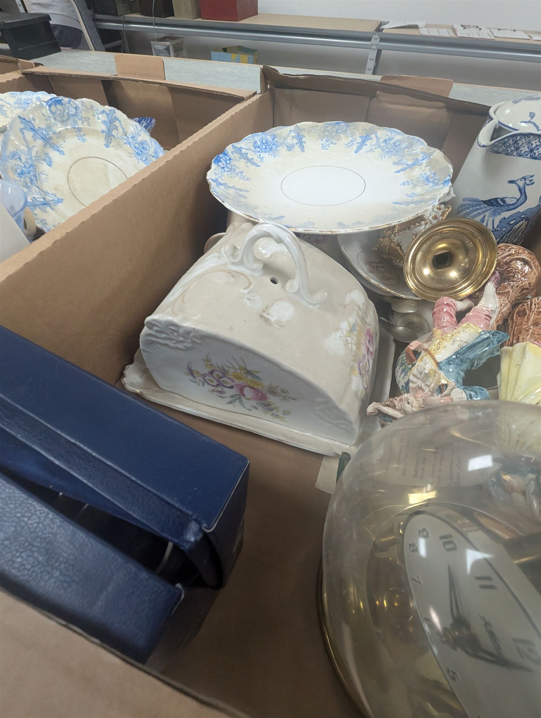 Royal Stafford part tea service, transfer printed Chinese blue and white plate, Pendelphin figures, Kundo clock, etc in three boxes