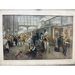 After Robert Alexander Hillingford, colour print 'Farewell Waterloo Station London 1897'; British troops are shown bidding farewell to their families at Waterloo Station, London, before boarding a train, possibly on their way to fight in the first Boer War in 1881; 41 x 65.5cm in varnished pitch pine cruciform frame; and an oak framed late Victorian colour print of a soldier in uniform at home playing a violin to his family (2)