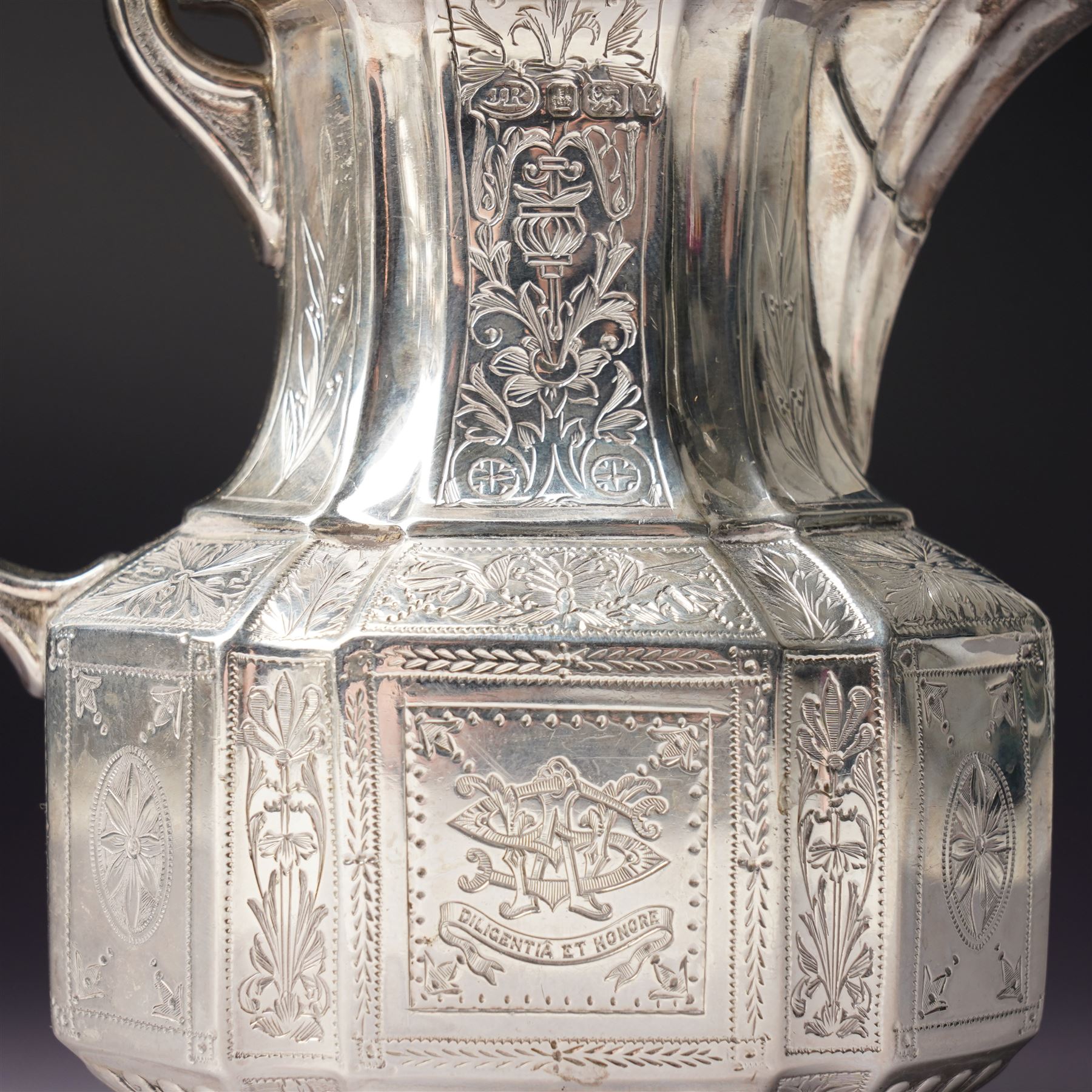 Victorian silver tea and coffee set engraved with classical urns, oval paterae and scrolling foliage, monogram and 'Diligentia et Honore' comprising teapot, tea kettle on spirit heater stand, coffee pot, two handled sugar bowl and cream jug Sheffield 1891 Maker John Round & Son Ltd