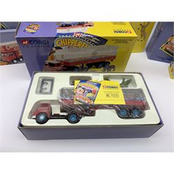 Sixteen Corgi limited edition Chipperfields Circus models - 07202 Land Rover Public Address & Clowns; 11201 ERF KV Artic with cages lions, tigers, pedestal & tamer; 14201 Foden S21 Articulated Tank Trailer with hippo & crocodile; 17801 Scammell Constructor Cannon & Ringmaster; 31703 Land Rover, Morris Minor Pick-Up, Thames Trader & AEC Fire Engine; 31901 Mary Chipperfield's Liberty Horses; 96905 Advance Booking Vehicle; 97022 AEC Regal Living Quarters; 97092 Bedford Pantechnicon Billy Smee Wardrobe; 97915 Scammell Highwayman with two trailers; 97887 Bedford O Articulated Horsebox; 97888 Foden Closed Pole Truck with Caravan; 97889 AEC Cage Truck & Trailer; 97896 AEC Pole Truck; 97957 ERF 8-Wheel Rigid Truck; and Set No.1 Six Circus Figures; all mint and boxed with certificates, some with posters, and brochure (16)