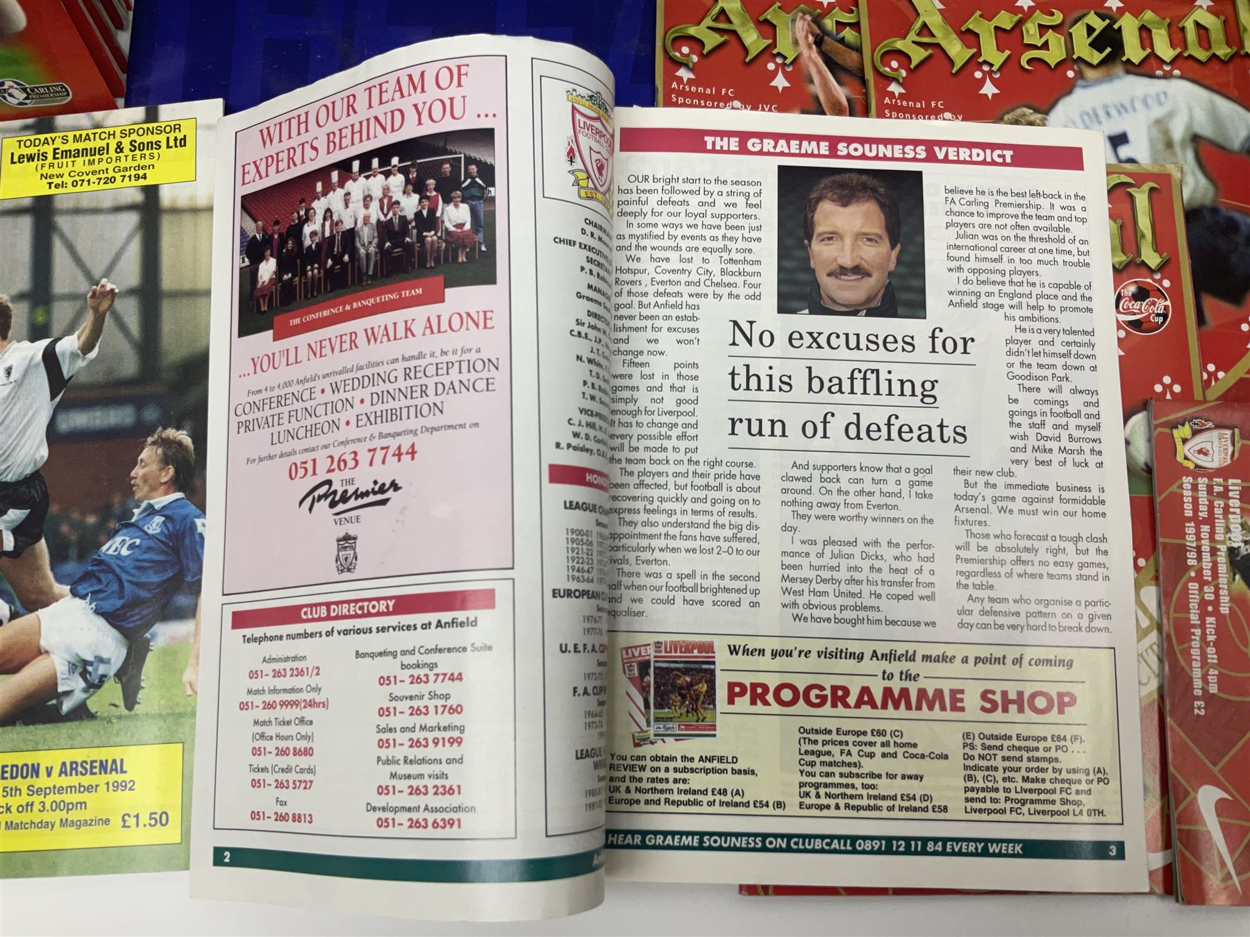 Quantity of mostly football programmes including Wimbledon vs Arsenal Saturday 5th September 1992, Arsenal FC vs Blackburn Rovers Saturday February 26th season 1993/94, Liverpool vs Arsenal Saturday 2nd October 1993, The F.A. Charity Shield Arsenal vs Manchester United 7th August 1993 etc