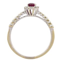 18ct white gold oval ruby and round brilliant cut diamond cluster ring, with graduating diamond set shoulders, ruby approx 0.50 carat