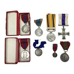 Imperial Service Medal awarded to James Roscow; four coronation medals for Edward VII, George VI and two Elizabeth II (both boxed); George V silver jubilee miniature; and two replica medals - Military Cross and Victoria South Africa 1877-8-9 (8)