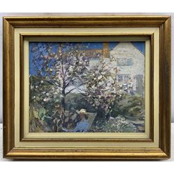 Mark Senior (Staithes Group 1864-1927): 'Blossom' - Lady in a Runswick Bay Garden, oil on panel, signed titled and inscribed 'To Mrs J Hepworth June 1919' verso 20cm x 26cm