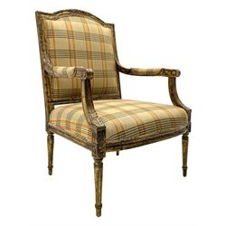 French style giltwood open armchair, stepped arch cresting rail carved with foliage, moulded frame and acanthus carved arm supports, upholstered in gold checkered fabric, on turned and fluted supports