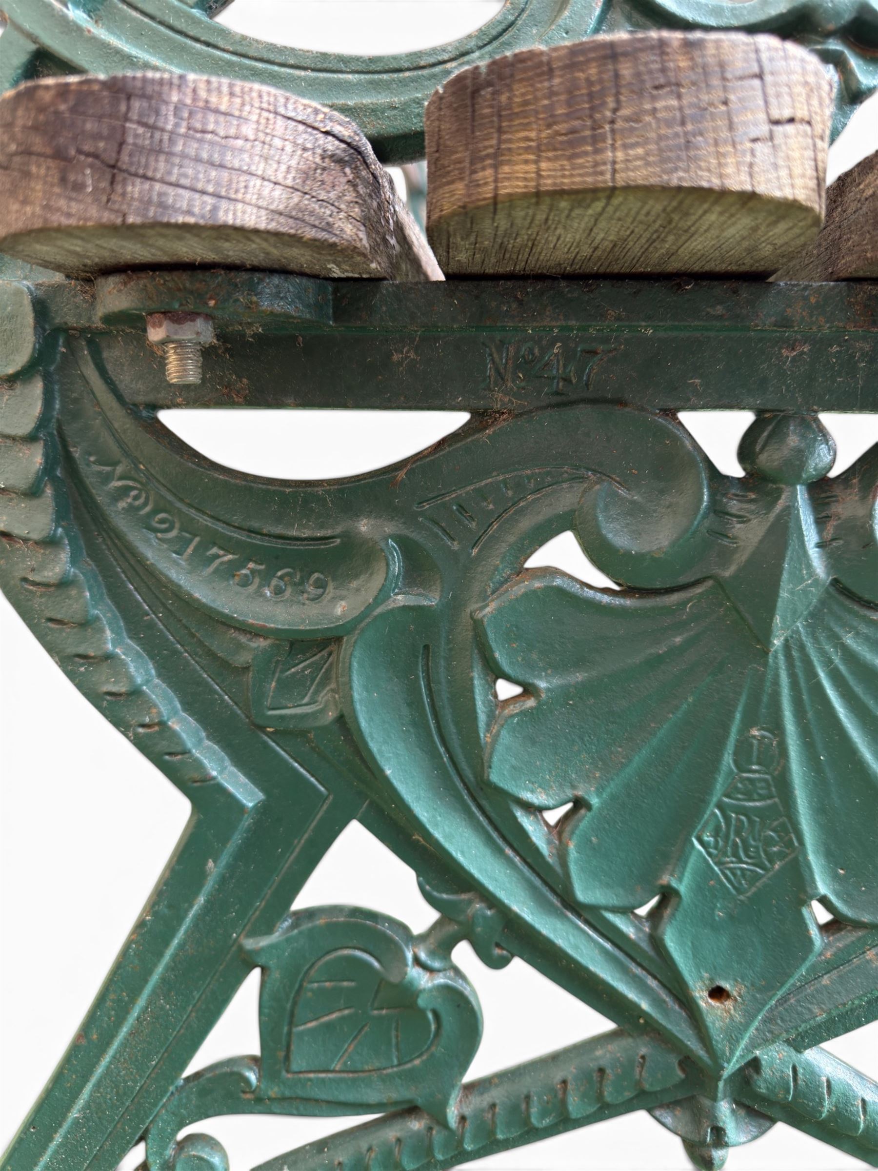 Coalbrookdale - Lily Pad design cast iron an wood slatted garden bench, late 19th century Aesthetic Movement, no. 217569, painted in green with iron centre support and seat stretcher, hardwood slatted