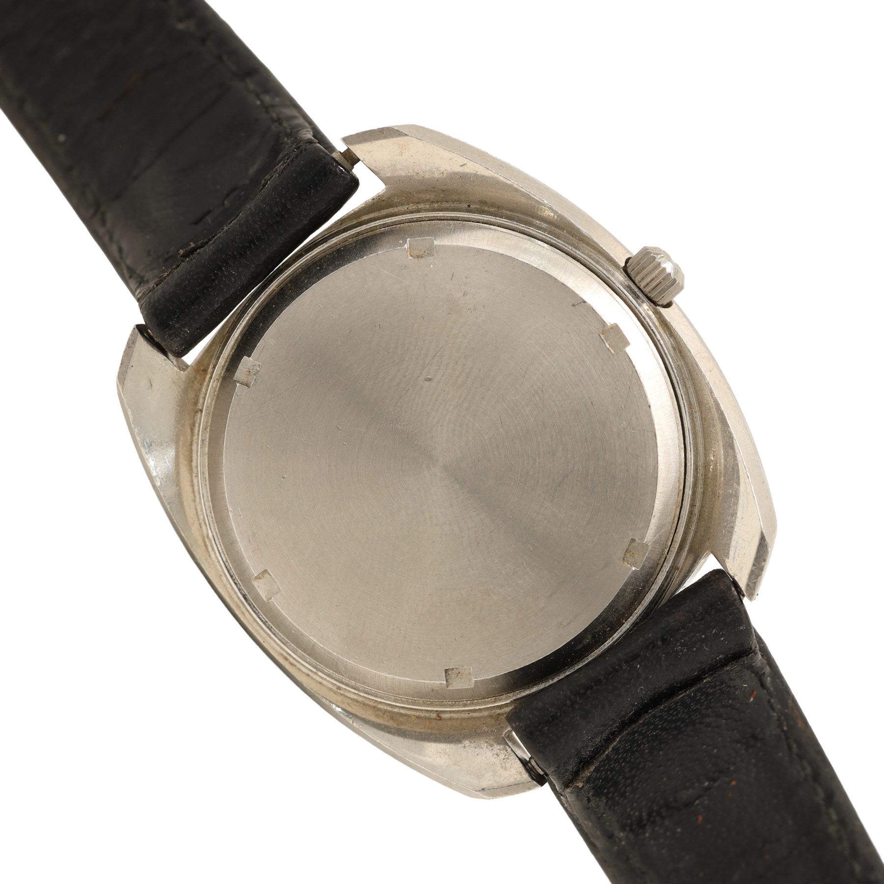 Omega Electronic F300Hz quartz chronometer wristwatch, Ref. 198.030, Cal. 1250, silvered dial with baton hour markers and date aperture, on black leather strap with Omega buckle