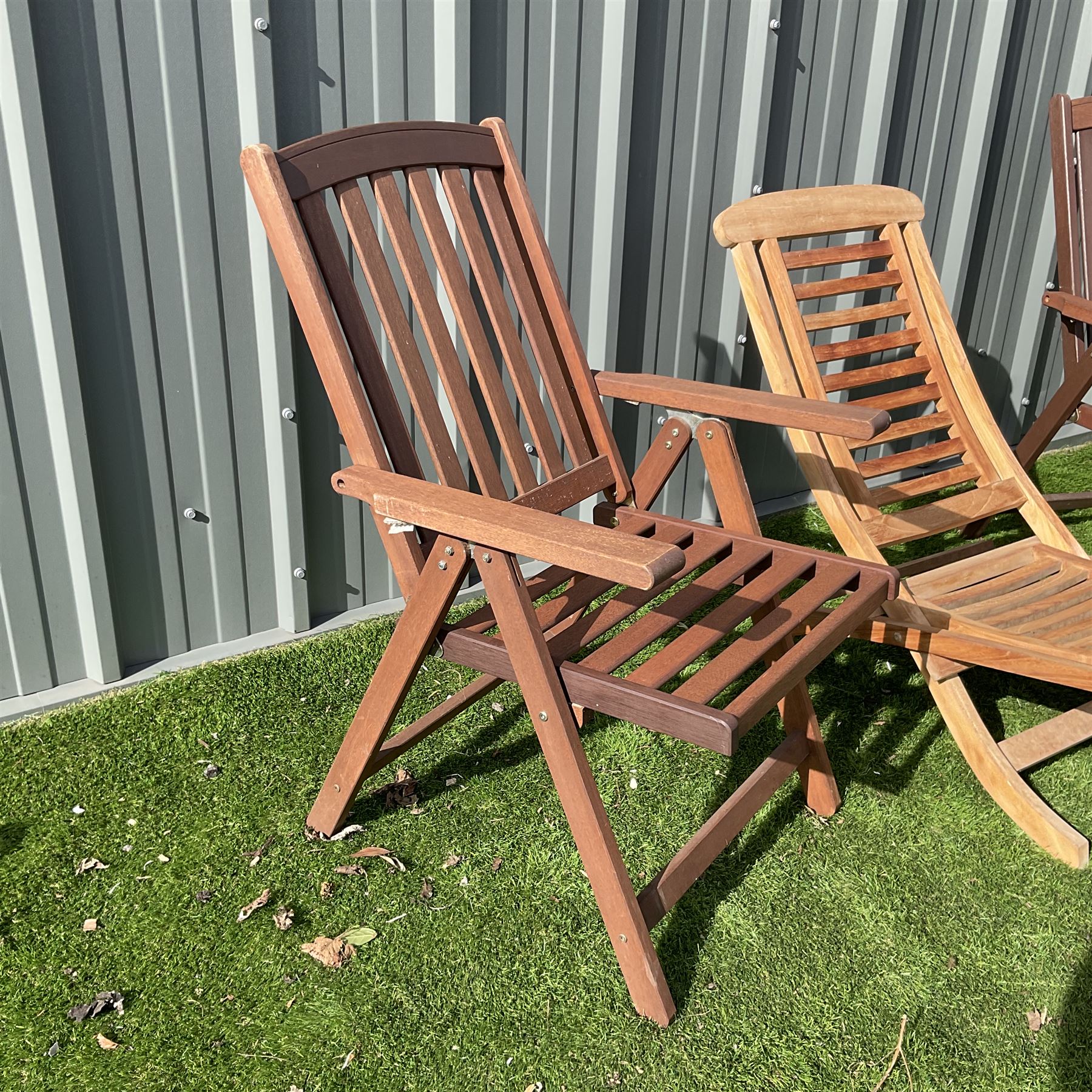 Two teak folding garden armchairs and folding lounger - THIS LOT IS TO BE COLLECTED BY APPOINTMENT FROM DUGGLEBY STORAGE, GREAT HILL, EASTFIELD, SCARBOROUGH, YO11 3TX