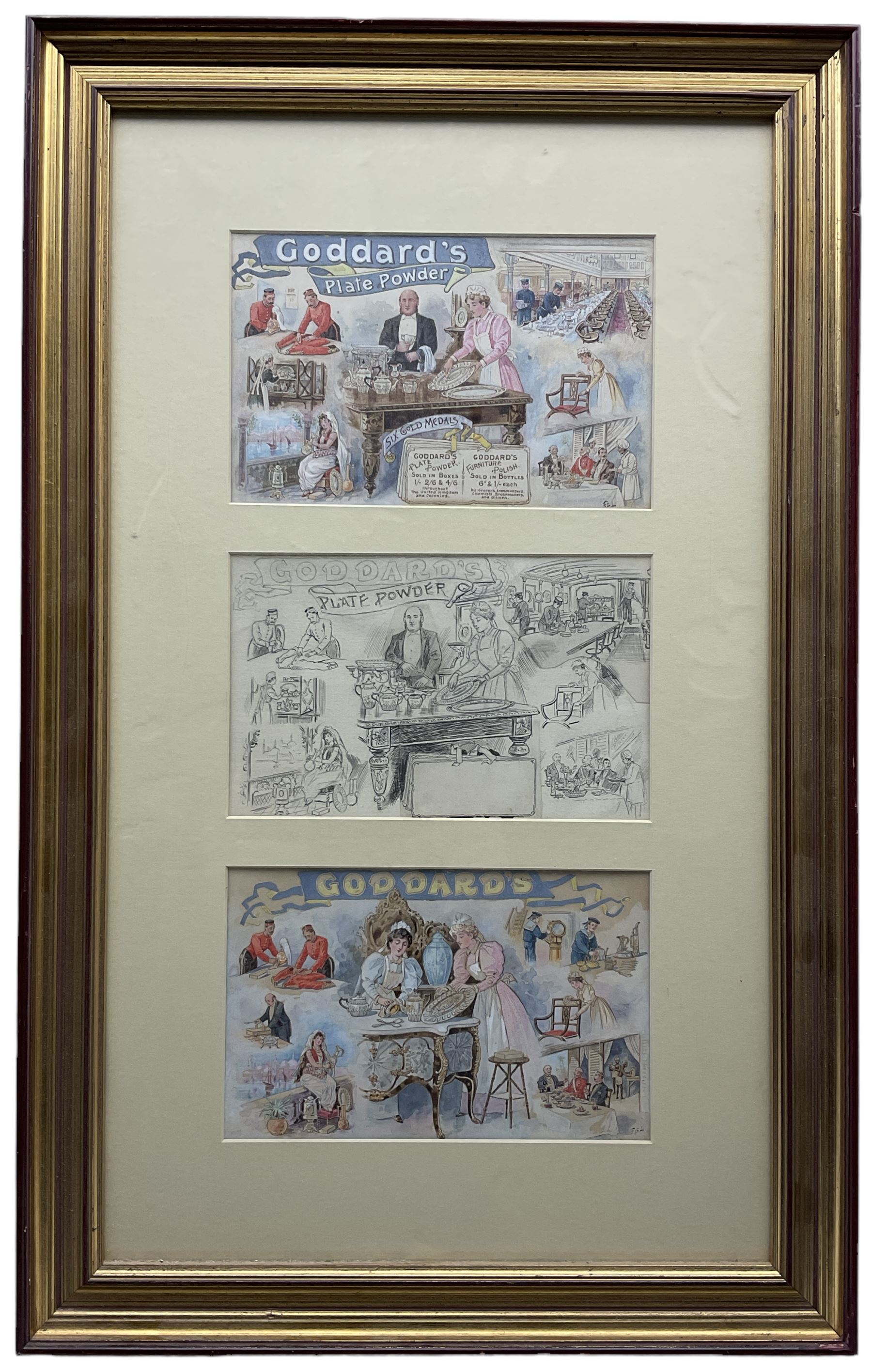 Frederick George Lewin (British 1861-1933): Goddard's Plate Powder Advertisement, three pencil and watercolour sketches framed as one signed with monogram each 13cm x 21cm 