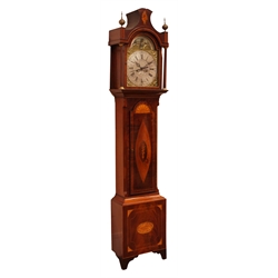  Early 19th century inlaid mahogany longcase clock with 48cm silvered arched dial with calendar aperture, signed John Hall Beverley, arch inscribed 'Time Shews the Way of Lives Decay' pagoda top hood with fluted brass capped columns, arched door with arched door and base inlaid with fans and leafage or bracket feet, 8 day movement striking or a bell, H230cm  