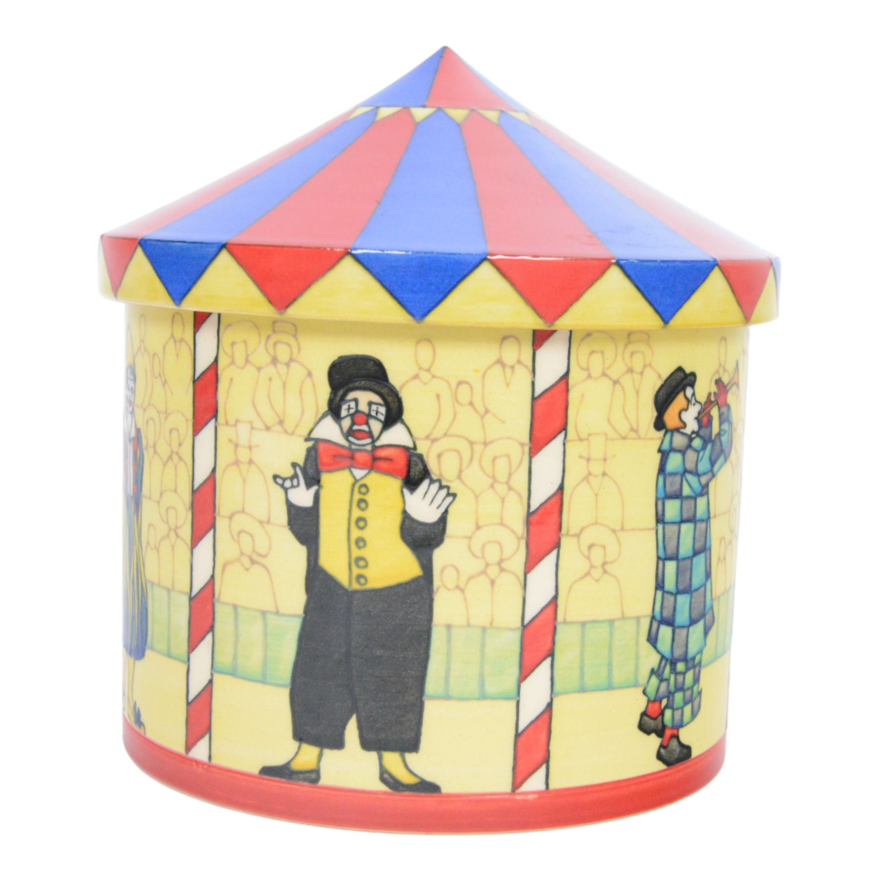 Dennis Chinaworks circus tent jar, designed by Sally Tiffin, the body decorated with clowns, upon a yellow ground, the lid decorated as a circus top, limited edition 12/25, impressed and painted marks beneath 