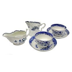 Late 18th century Liverpool Seth Pennington cream jug, H8.5cm, together with another late 18th century example, possibly also Liverpool Seth Pennington, and a pair of late 18th century Liverpool Seth Pennington tea bowls and saucers, saucer D12.5cm, tea bowl D8.5cm, (6)