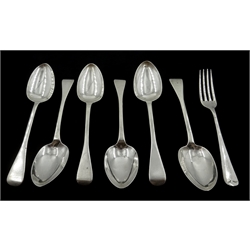  Set of six Irish Victorian silver spoons, Old English pattern by John Smyth, Dublin 1852 retailed by John Asken and a silver folk hallmarked, approx 8.8oz  