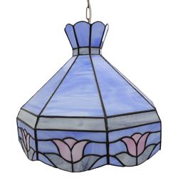20th century Tiffany style stained glass centre light, the multi-sided shade formed from marbled blue glass panels bordered by a band of stylised floral motifs