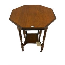 Late Victorian walnut centre table, Edwardian mahogany two tier table with satinwood band and a Victorian mahogany two tier stand with drawer (3)
