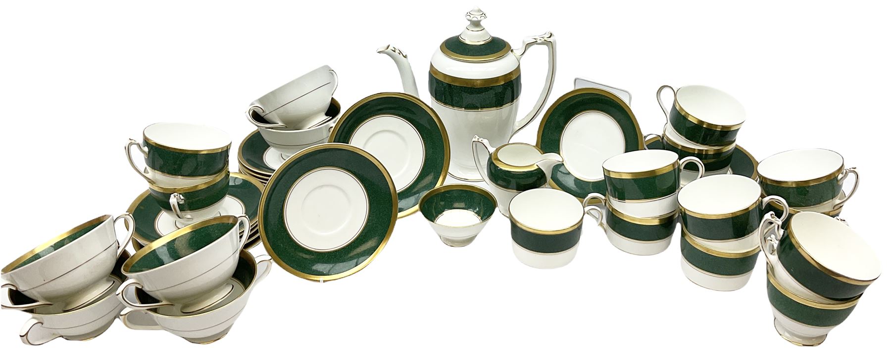 Coalport Athlone Green pattern tea wares, comprising coffee pot, seven coffee cans and saucers, milk jug, open sucrier, six tea cups and saucers, and six twin handled cups and saucers (42) 