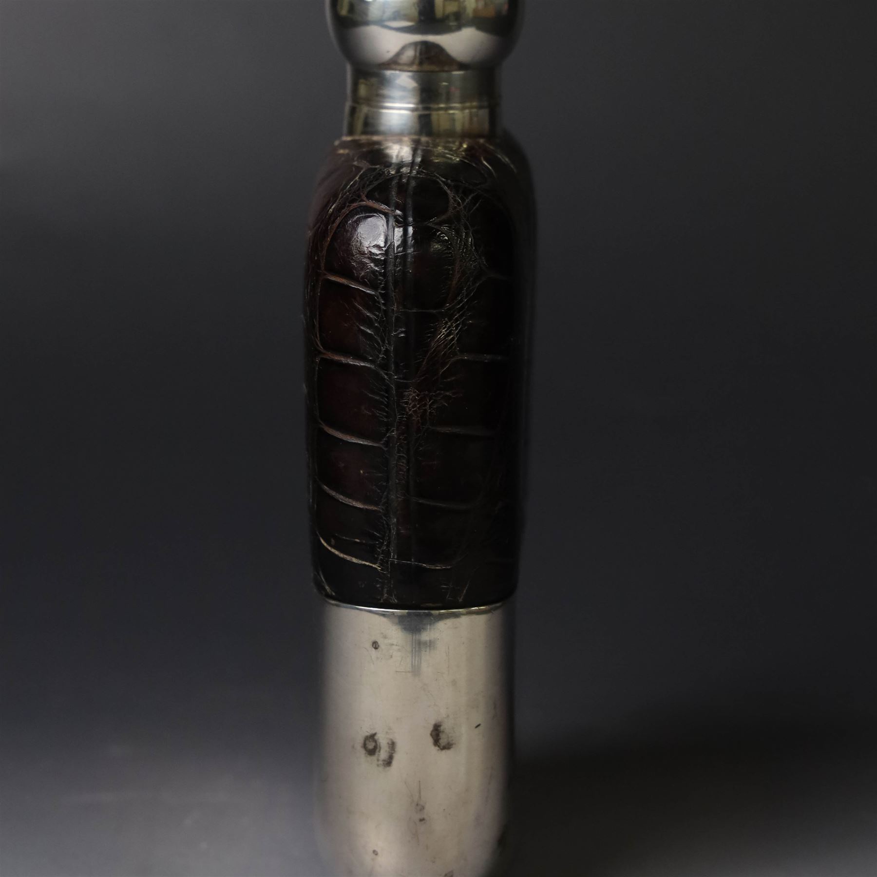 Early 20th century silver and leather mounted glass hip flask, with silver cover and removable silver cup engraved with name and date, hallmarked James Dixon & Sons Ltd, Sheffield 1919, H15cm