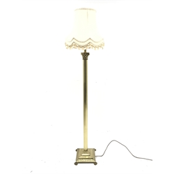 Brass column standard lamp with shade, H146cm