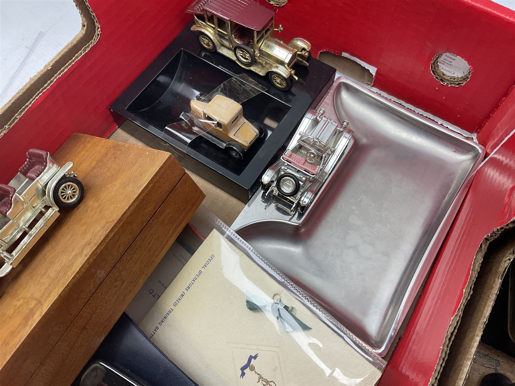 20th century brass perpetual desk calendar of triangular form, together with Mauchlin ware box (a/f), olive wood box, box with beaded decoration, other treen etc, Lesney Model of Yesteryear ashtray limited edition 1911 Renault and another similar, Royal Signals Corps buttons, motor ephemera, other misc 