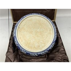Chinese blue and white bowl, the interior painted with stylized lotus flowers within a floral border, the exterior having a similar design with Greek key border and painted character mark, D31cm