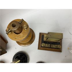 Collection of scientific and technical instruments etc including boxed 'Force on a Conductor' apparatus; vintage GPO resistance box; current deflection meter; vintage X-ray generator tube; small glass electroscope; two demonstrator solenoids; two magdeburg spheres; travelling balance scales etc; some by Philip Harris Ltd