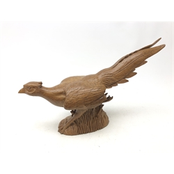  'Mouseman' Oak Pheasant, in a running pose with carved mouse signature by Robert Thompson of Kilburn, L47cm x H26cm  