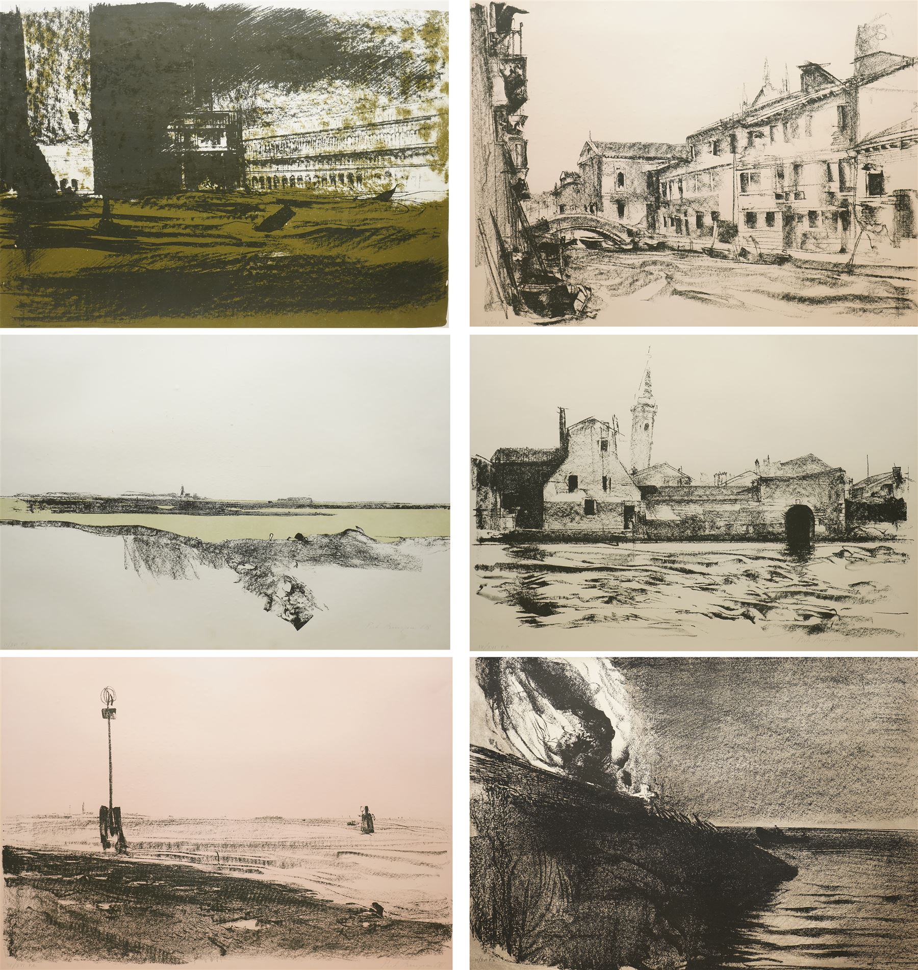 Pietro Annigoni OMRI (Italian 1910-1988): 'View of the Flood of Venice - November 4 1966', set six lithographs on magnani paper signed and numbered in pencil with blindstamp 48cm x 68cm (6) 