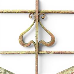 Impressive 19th century 9' wrought iron Country House gate, bar form with close rail base, X framed with central crests, scroll and spike top