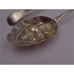 George IV silver fruit serving spoon, the bowl embossed with fruits, with engraved vine leaf decoration to handle, hallmarked London 1789, together with a very similar earlier example, hallmarks worn and indistinct