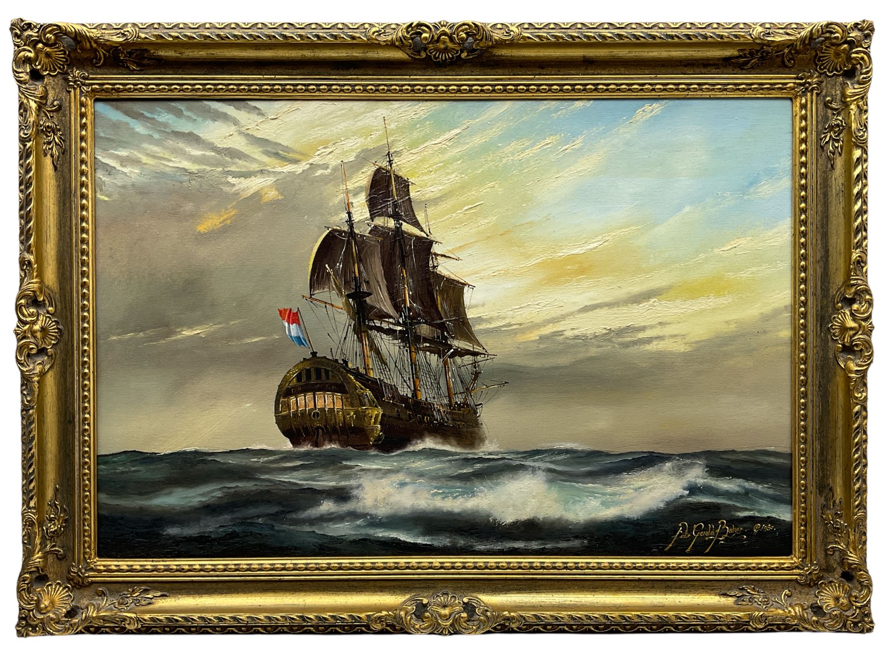 Peter Gerald Baker (British 20th century): 'D'Batavaise Eeuw - Dutch East India Man 1719 in Strong Winds and Good Atlantic Swill Makes Her Way to Trade in the East Indies', oil on canvas signed and dated 1980, 50cm x 75cm