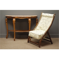  Reproduction carved beech console table with shaped marble top, (W101cm, H74cm, D36cm) and an oak folding 'ATCRAFT' nursing chair, floral upholstered back and seat, (W51cm, H85cm)  