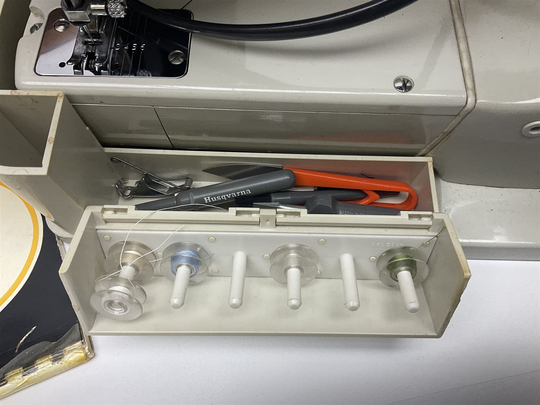 Husqvarna combina II sewing machine in case, with instruction manual and sewing box