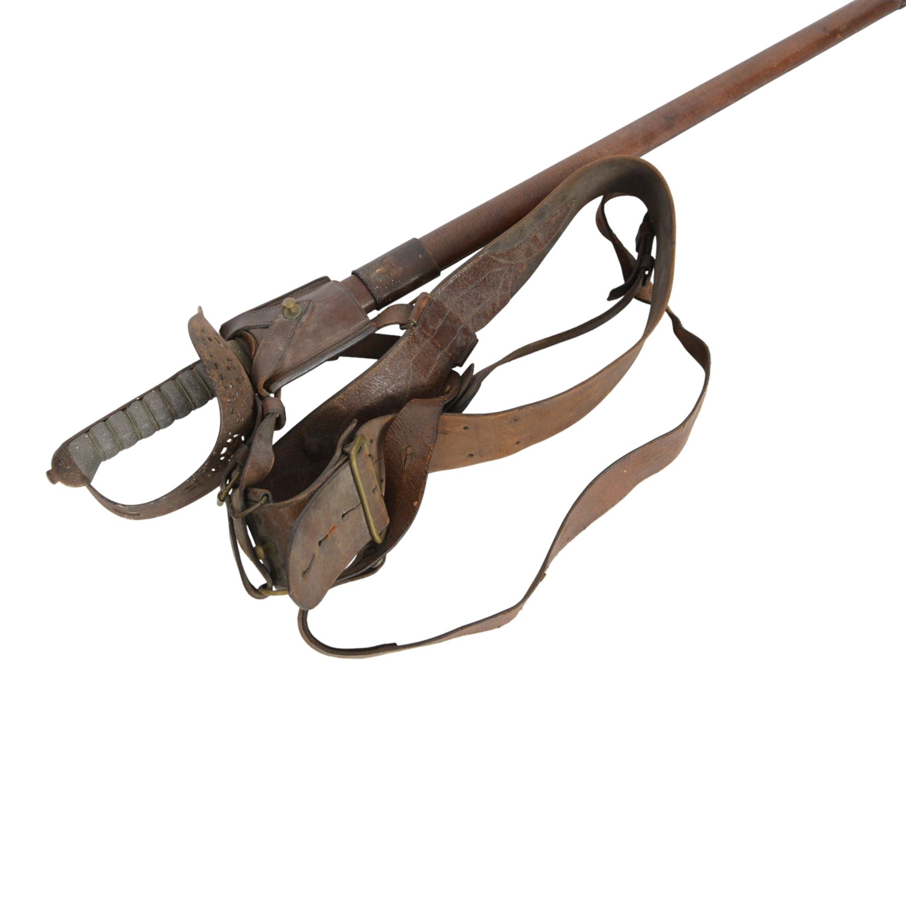 British Edward VII 1897 pattern Infantry Officer's sword, by F.W. Flight, the 82cms single edged blade etched with leaf design and Royal cypher, the hilt with pierced and cypher decorated guard around wire bound shagreen grip, within leather scabbard with frog and Sam Browne, overall L100cm