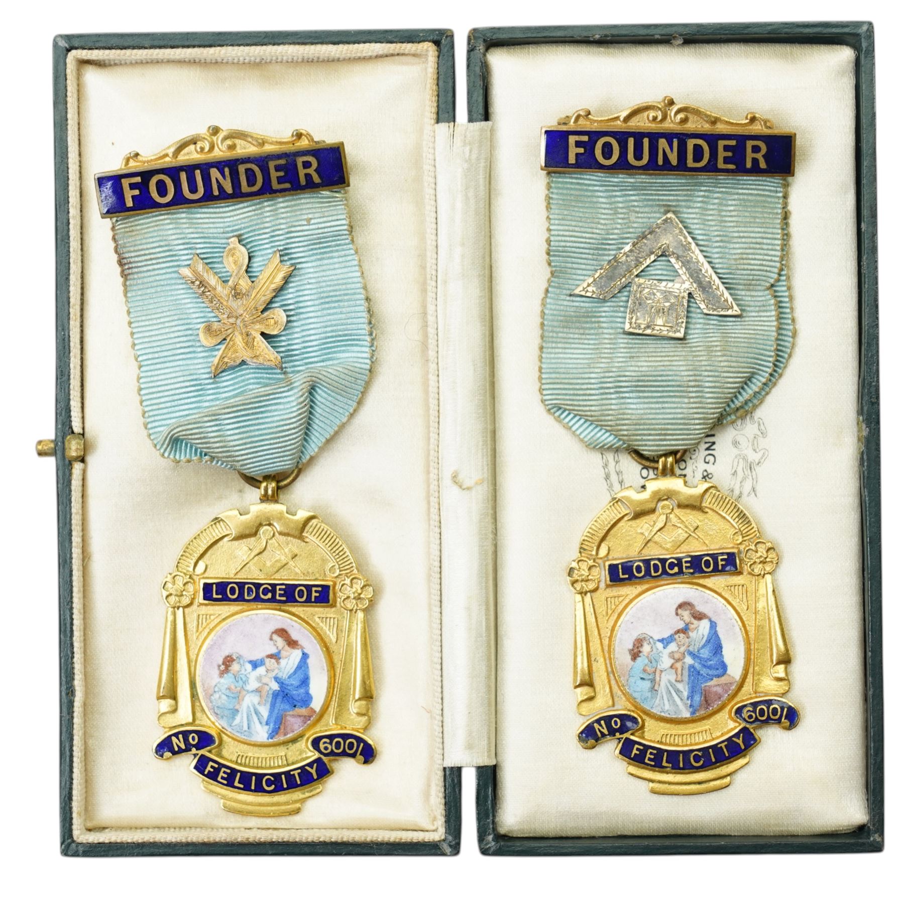 Masonic Jewels comprising seven enamel and gilt 'Lodge of Felicity', five dated 1945, four silver-plated examples collar jewels, a silver-gilt jewel, together with a cased Victorian photograph and a silver-gilt medal for 'Past President Chamber of Trade, Bradford & District', including some cases 