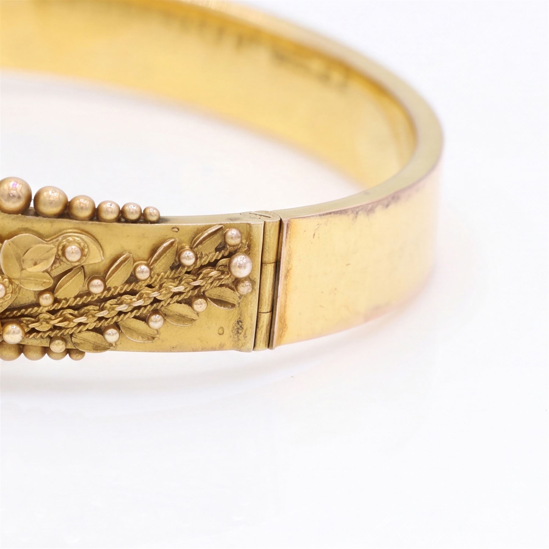 Early 20th century 9ct gold sapphire and diamond three stone hinged bangle, with fancy wirework and bead decoration, Birmingham 1919