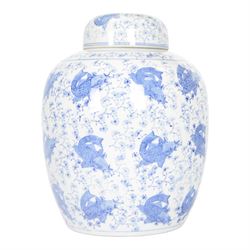 Blue and white ginger jar, decorated in a repetitive pattern of fish swimming amongst dense clusters of aquatic foliage, H40cm