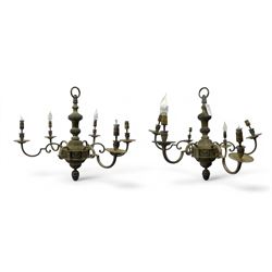 Pair of mid-20th century brass chandeliers, each with cast foliate and scroll decorated ce...